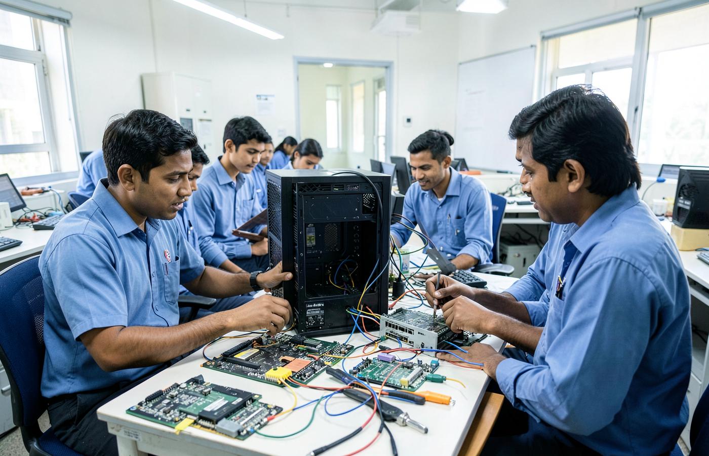 Students assembling computer hardware with an instructor