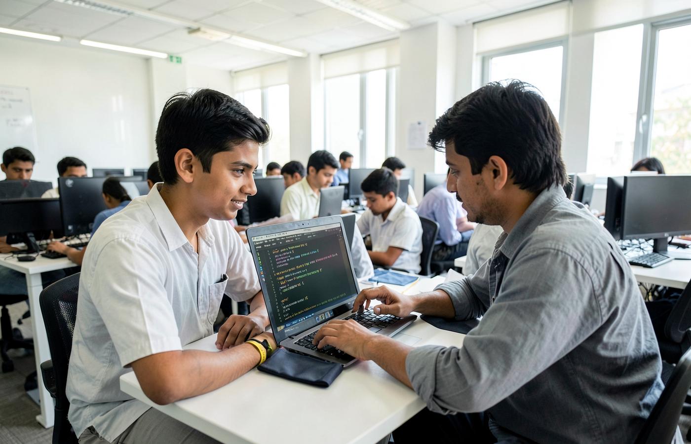 Learners working together on code in a practical class
