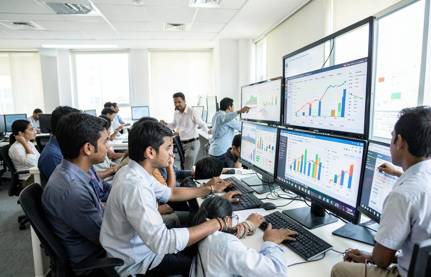 Students analysing information together in a computer classroom
