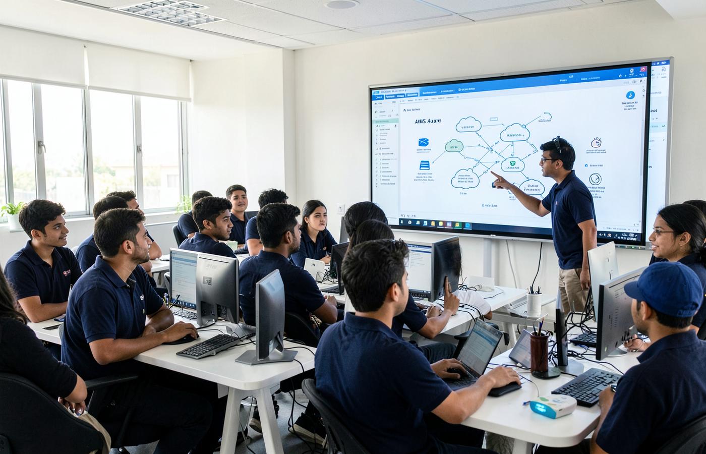 Instructor guiding students in a modern computer lab