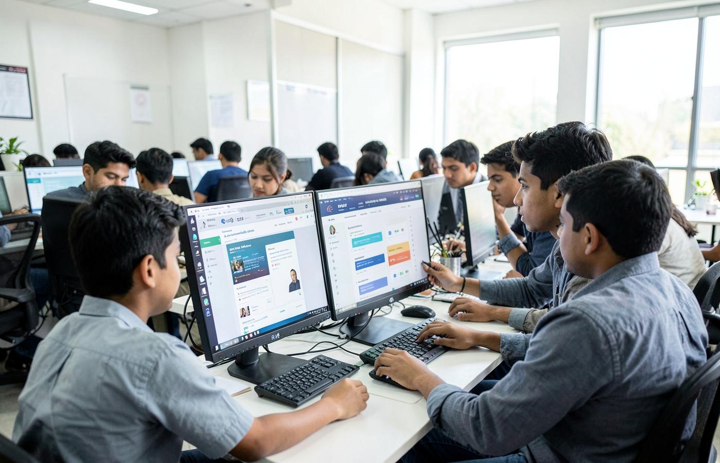 Students collaborating during a web development lesson