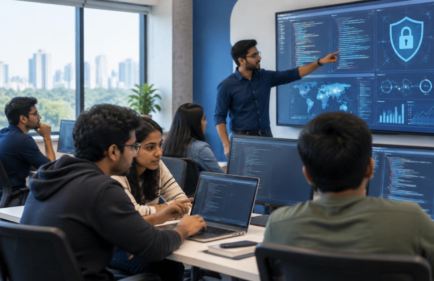 Students learning cybersecurity in a computer classroom