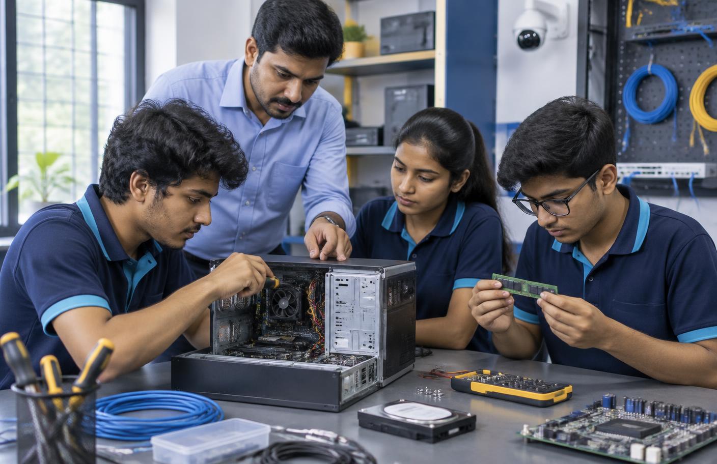 Students learning CCTV and hardware installation skills