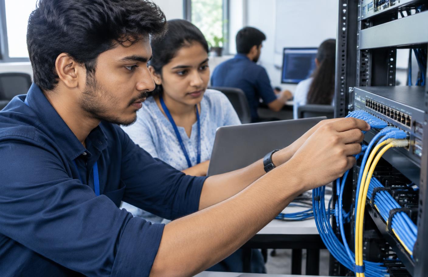 Students configuring network equipment in a practical lab